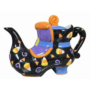 Vanson Halloween Witch Boot Teapot Candy Corn Black Purple Ceramic Whimsical